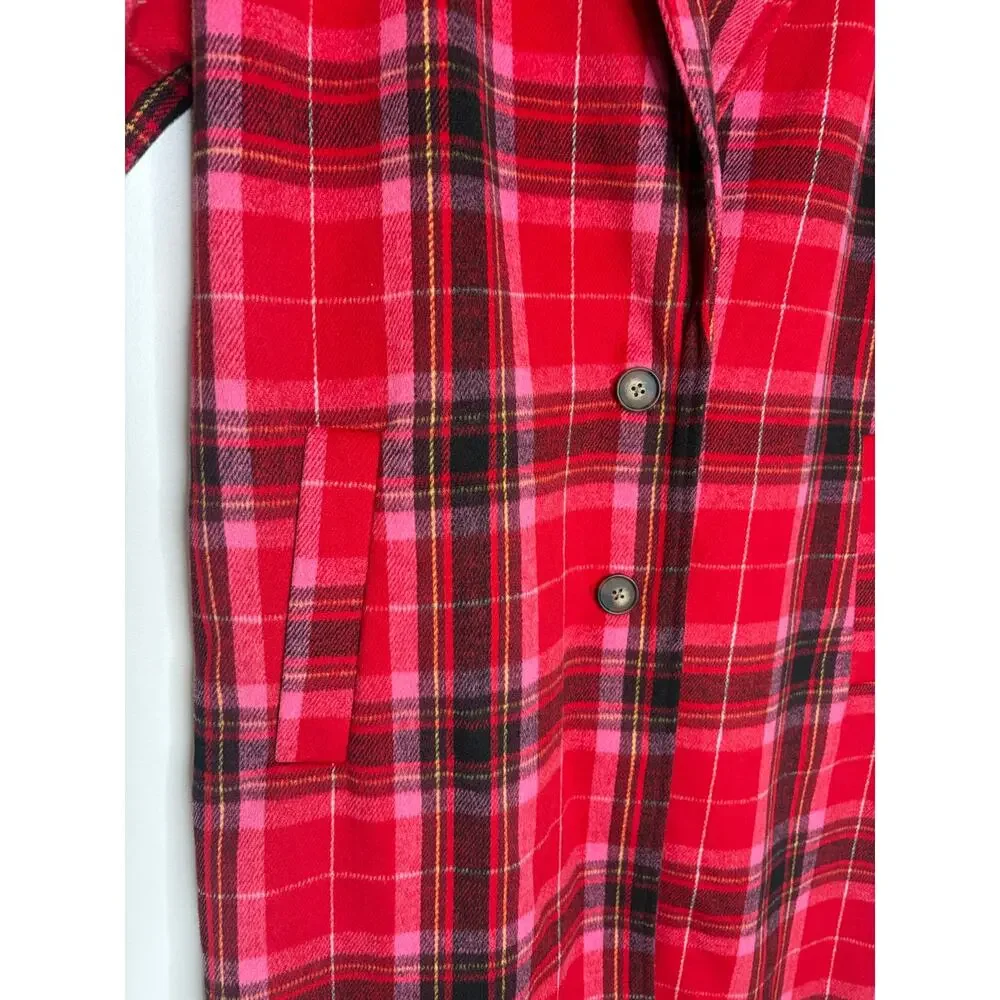 Old Navy Women's Long Tartan Red Plaid Overcoat Sz L Preppy Chic Travel Colorful